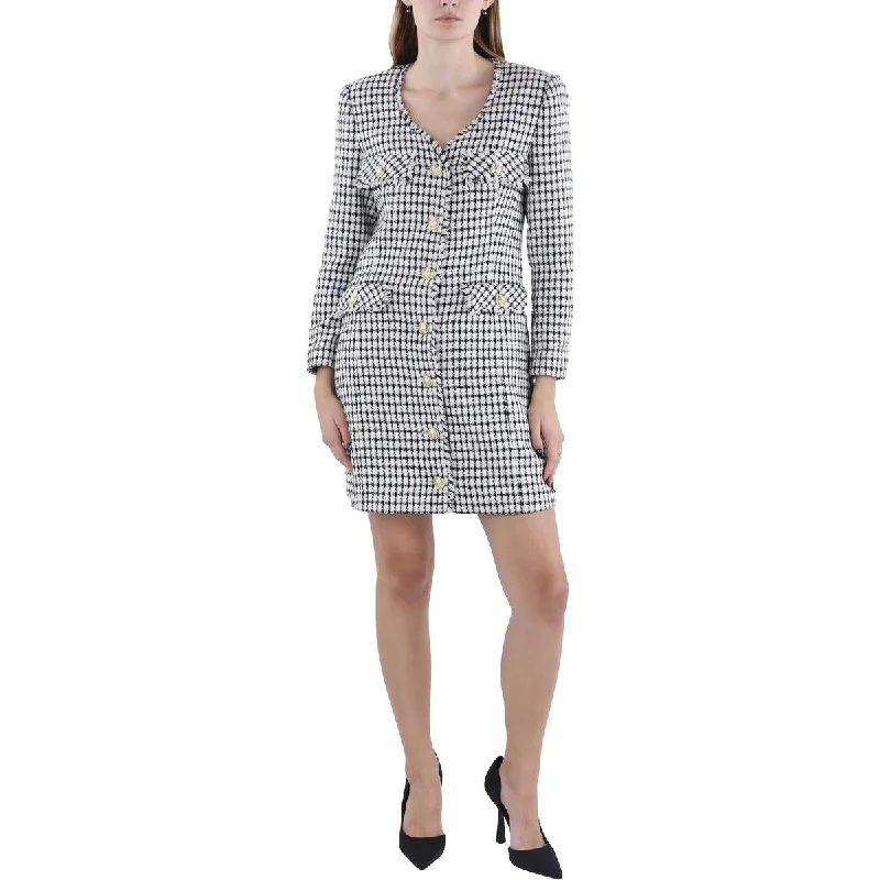 elegant coatWomens Frayed Hem Checkered Collarless Blazer