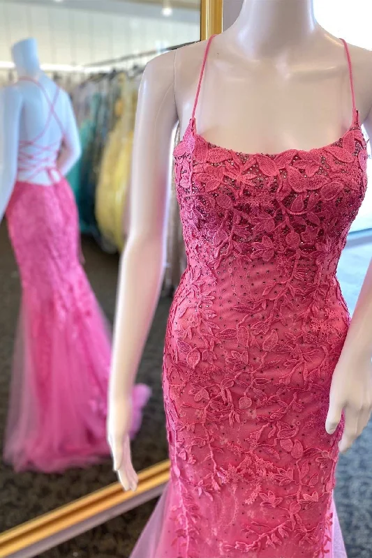 sleeveless dressHot Pink Appliques Beaded Lace-Up Back Mermaid Long Formal Dress