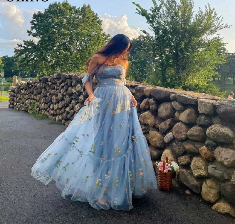Instant Discount off-the-shoulder dressOff The Shoulder Prom Dresses Fairy Embroidery Spaghetti Strap Tulle Evening Dress Summer Beach Party Gown