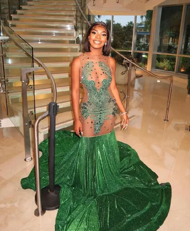 Mega Deal boho-chic dressEmerald Green Mermaid Black Girl Evening Dress for Women Diamond Crystal Sheer Mesh Prom Birthday Gala Gown
