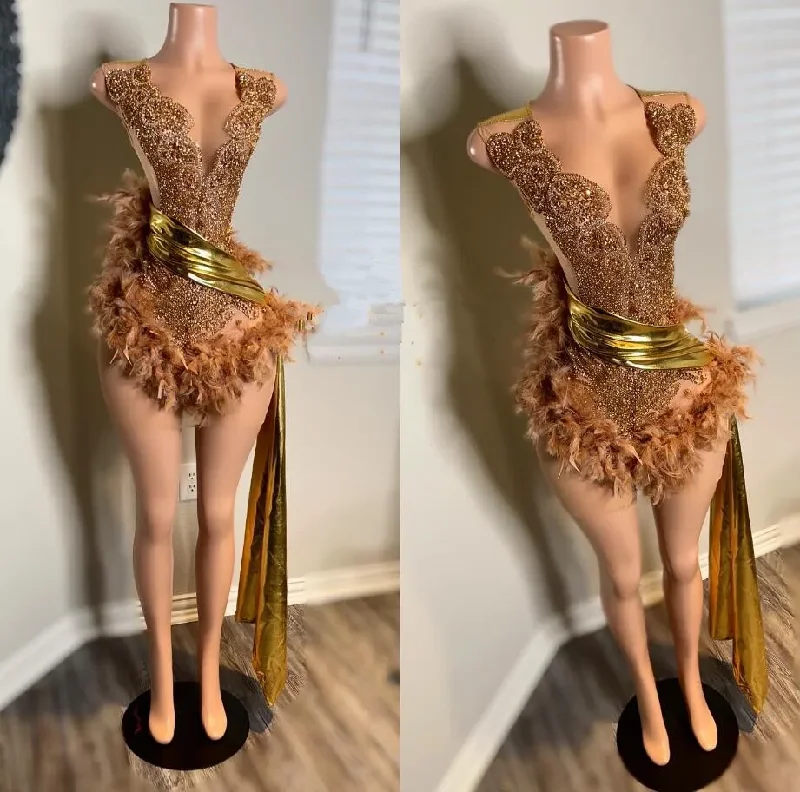 Amazing Deals long sleeve dressGold Luxury Short Prom Homecoming Dresses Sparkly Crystal Beaded Feather Black Girl Birthday Gown vestidos de gala mujer Amazing Deals long sleeve dressGold Luxury Short Prom Homecoming Dresses Sparkly Crystal Beaded Feather Black Girl Birthday Gown vestidos de gala mujer