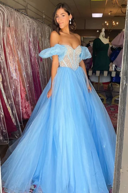 draped dressPrincess Blue Beaded Strapless A-Line Prom Dress with Puff Sleeves