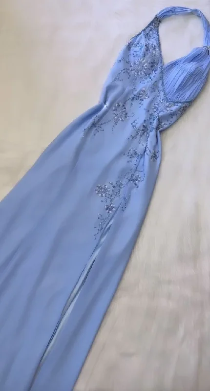 boho-chic dressBlue Halter A Line Long Prom Dress Chic Beeaded Formal Party Dress Evening Gown Y7562