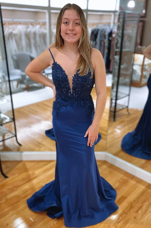 statement dressRoyal Blue Mermaid V neckline Rhinestone Long Prom Dress