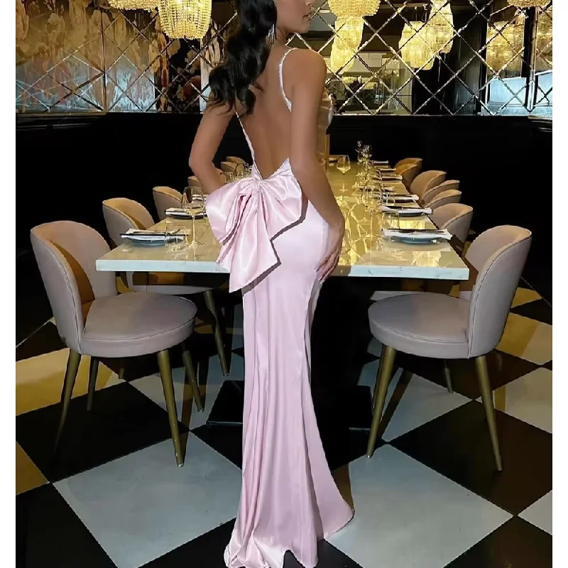 summer dressPink Backless Bow Spaghetti Sleeveless Prom Dresses for Sexy Women Special Occasion Paert Luxury Evening Long Dress Formal Gown