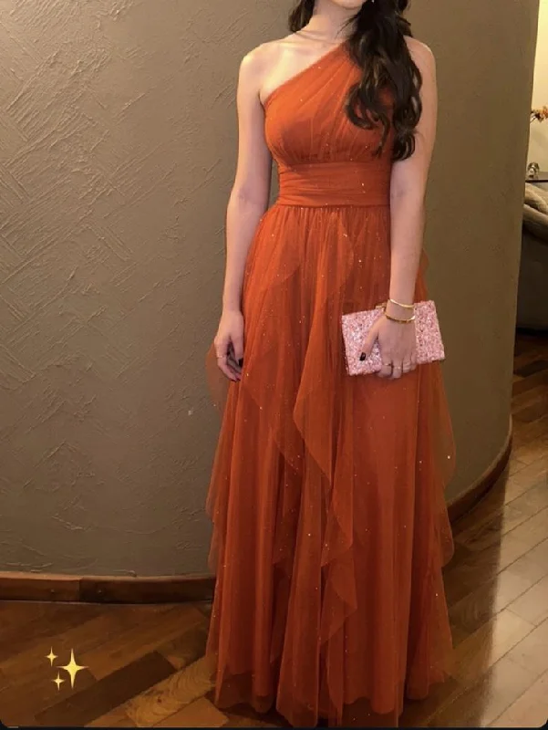 flowy dressGlitter Orange Tulle Evening Dress One Shoulder Prom Dress Y7602