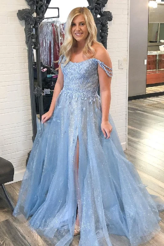 ruffle dressOff the Shoulder Light Blue Appliques Tulle Long Prom Gown