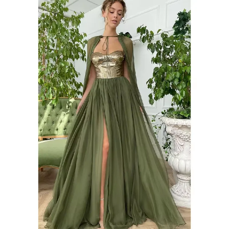 trendy wrap dressGreen Organza High Split Evening Dress Cap Sweep Train Strapless Special Occasion Pretty Women Prom Dresses Formal Party Gown