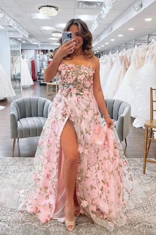 Blowout Deals flowy maxi dressA Line Pink Floral Long Prom Dresses with High Slit, Formal Graduation Evening Dresses Y5893 Blowout Deals flowy maxi dressA Line Pink Floral Long Prom Dresses with High Slit, Formal Graduation Evening Dresses Y5893