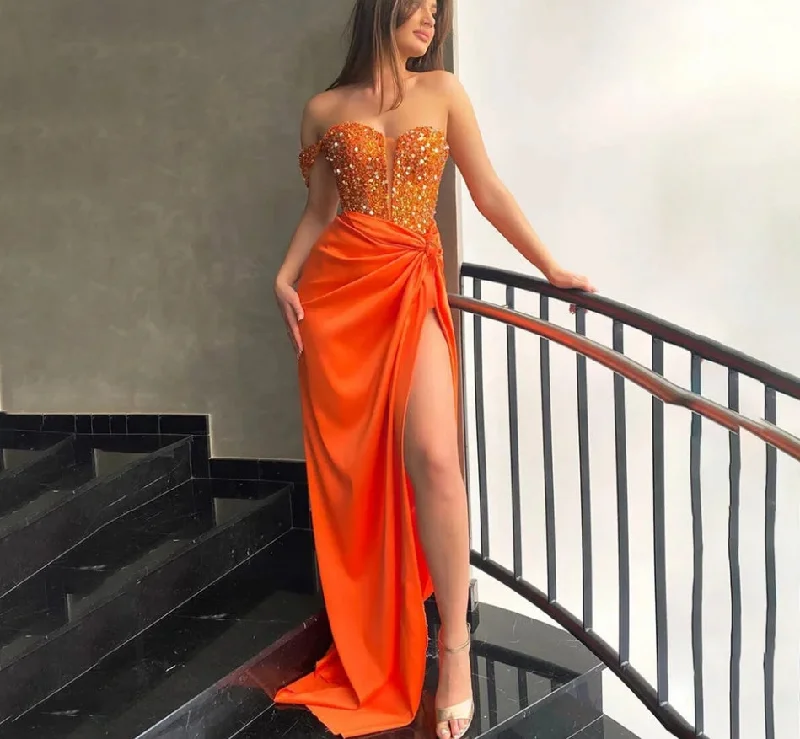 bohemian dressSequined Sweetheart Party Dresses Side Split Orange Evening Dresses Stain Mermaid فستان سهرة One Shoulder Evening Gowns