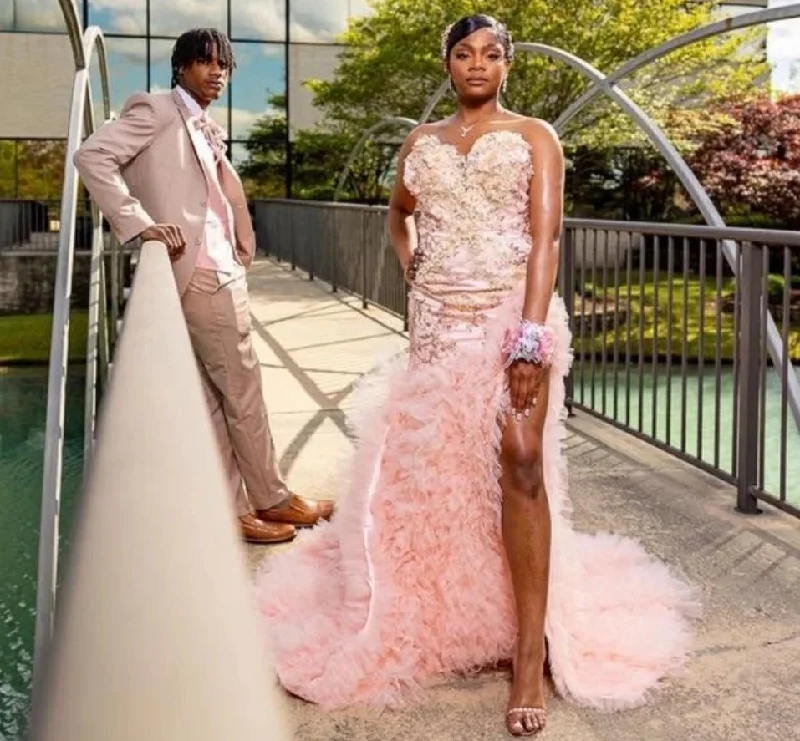 cocktail dressGlitter Pink Diamonds Mermaid Ruffles Prom Dress For Black Girls Silver Beaded High Slit Birthday Party Gown