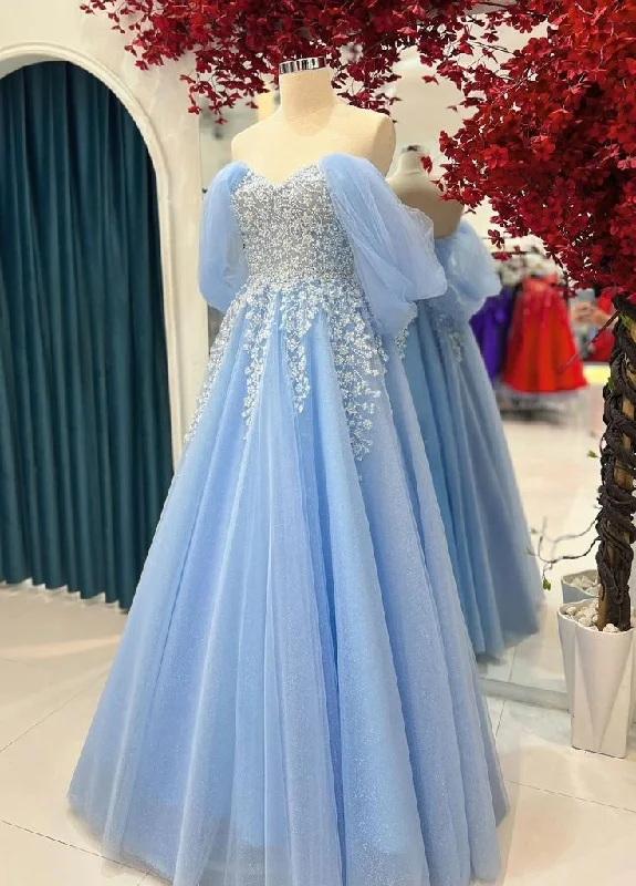 winter dressWomen's Elegant Baby Blue Tulle Prom Dress, Off-the-shoulder floor length Dress Y7450