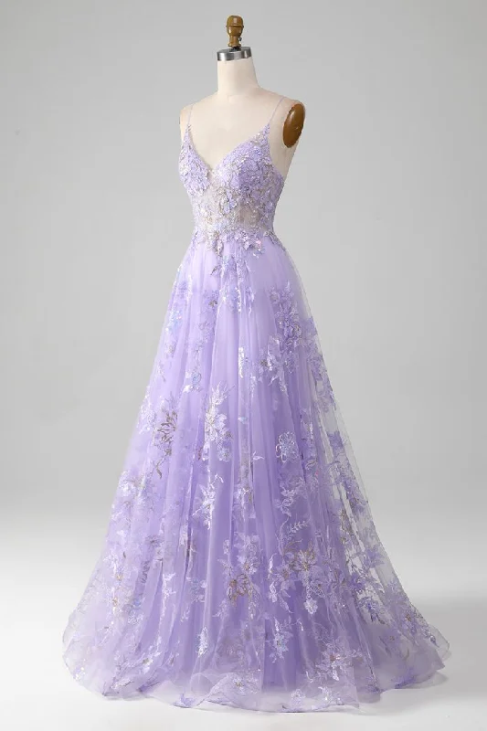 Buy Now casual evening dressWomen Sequins Purple Prom Dress with Embroidery A-Line Tulle Spaghetti Straps Party Dress Y7023