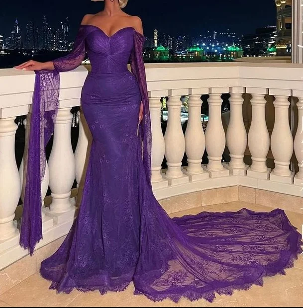 trendy wrap dressElegant Off The Shoulder Purple Lace Mermaid Prom Dress Long Evening Dress Y7696