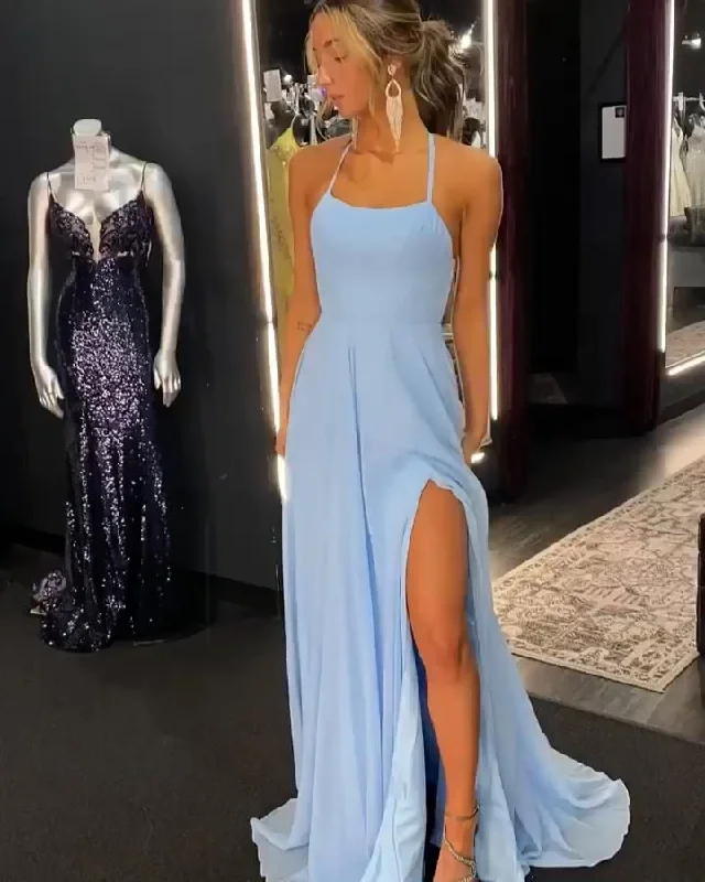 Exclusive Online Offer statement dressSky blue chiffon prom dresses halter sheath long evening party dress Y7045