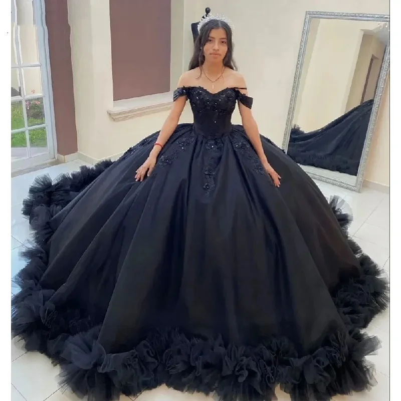 off-shoulder dressBlack Quinceanera Dresses 3D Flower Beading Lace Ruffles Pleat Tulle Vestidos De 15 Anos Birthday Party Prom Corset