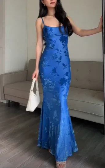 midi dressCharming Blue Print Mermaid Long Evening Dress Prom Dress  Y7490