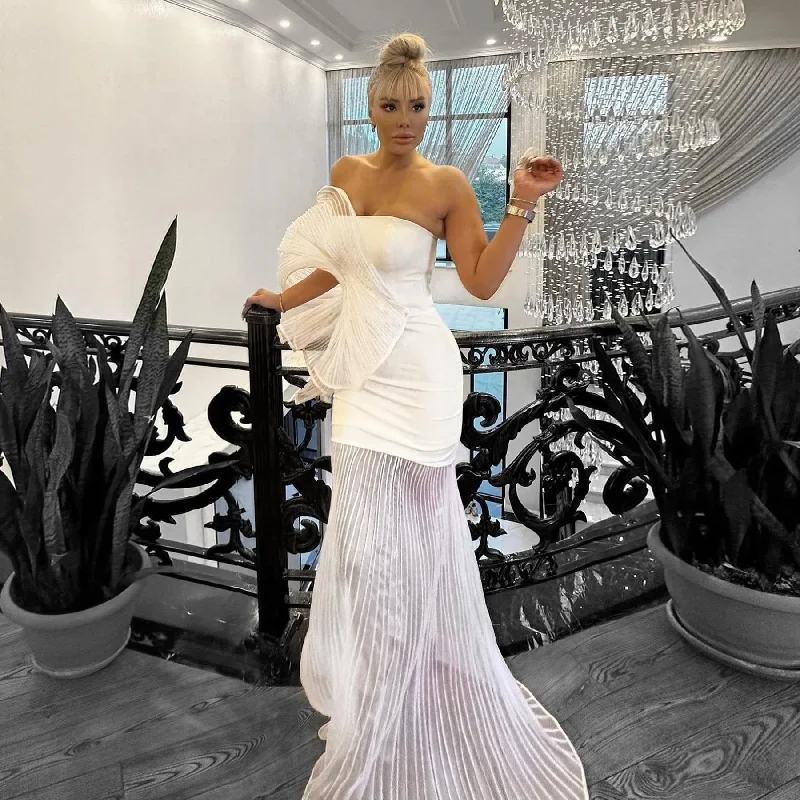 Discount Days vintage dressFashion White Pleated Long Prom Dresses with 3D Pleated Shoulder Couture Mermaid Evening Party Dress Discount Days vintage dressFashion White Pleated Long Prom Dresses with 3D Pleated Shoulder Couture Mermaid Evening Party Dress