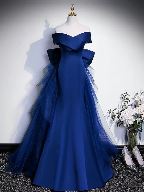 lace dressRoyal Blue Mermaid Satin Long Prom Dress, Off Shoulder Blue Evening Dress Y7429