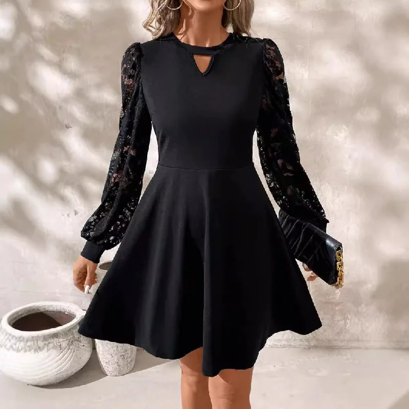 satin midi dressElegant Women's Black Round Neck Lace Stitching Long Sleeve Slim Flared Hem Dress