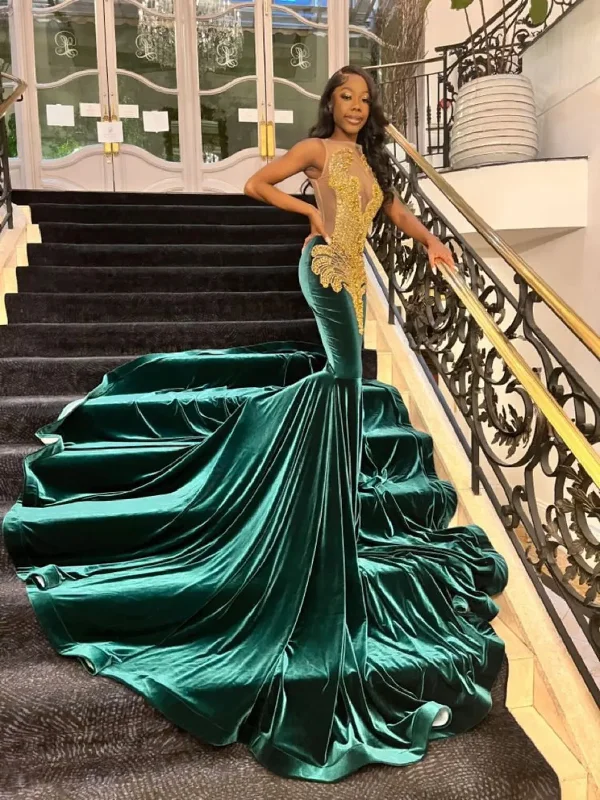 chic slip dressAfrican American Prom Dresses Mermaid Sheer Velvet Beaded Crystals Black Girls Nigeria Robe De Soiree Evening Dress Gown