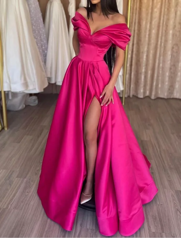 printed dressStylish A-Line Off the Shoulder Satin Long Prom Dress,Hor Pink Pleats Evening Dress With Slit  Y7644