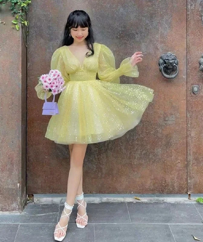 luxury dressYellow Glitter Tulle V-neck Homecoming Dresses Puff Sleeves Above Knee Cocktail Dresses Vestidos De Novia Party Dress