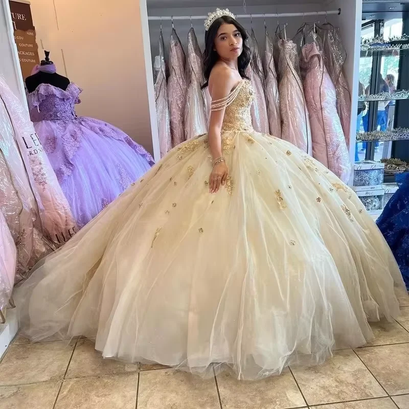 playful dressShiny Champagne Quinceanera Dresses Luxury Birthday Party Ball Gown Sweetheart Beading Appliques Corset Court Train