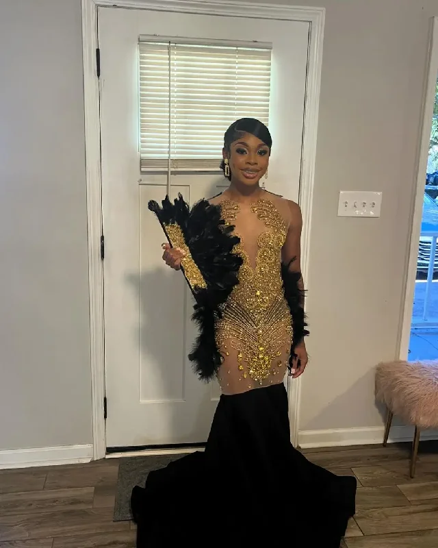 trendy mini dressLuxury Gold Diamonds Long Prom Dresses 2024 Sparkly Beads Rhinestone Crystal Feather Gown For Black Girls Birthday Party Gown