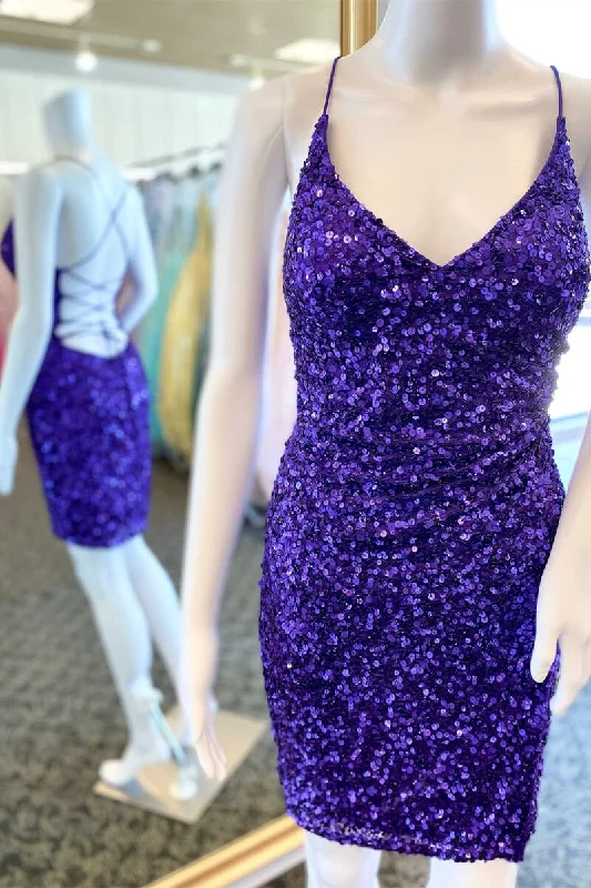 bohemian dressShort Purple Sequin V-Neck Lace-Up Party Dress