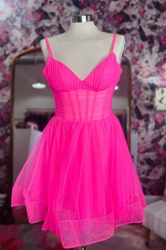 stylish dressHot Pink Deep V Neck Straps A-line Tulle Homecoming Dress