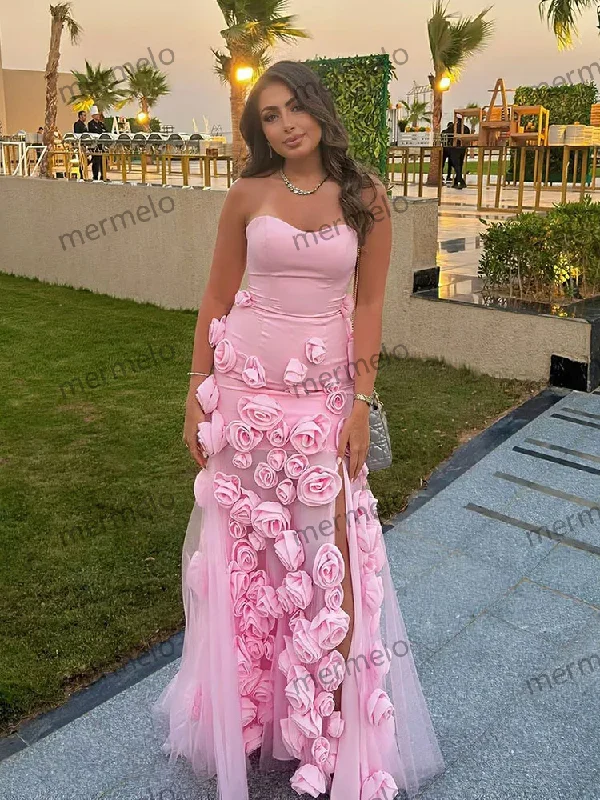 casual midi dressBaby Pink 3D Flowers Prom Dresses Strapless Slit Women Evening Gowns