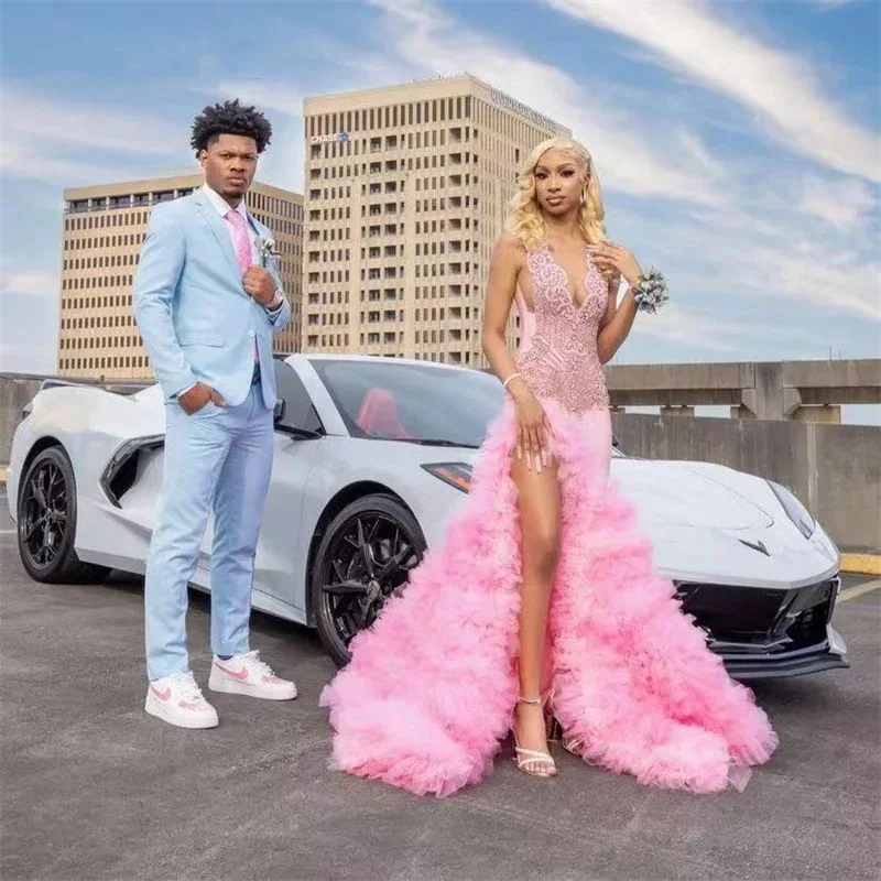 Buy Now one-shoulder dressSexy Pink Diamonds Mermaid Prom Dress Glitter Rhinestones Bead Slit Puffy Tiered Ruffles Birthday Party Dress Wedding Gowns