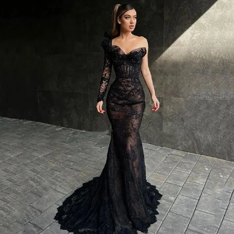 statement dressElegant Long Black Mermaid Prom Dress One Sleeve Sweetheart Lace Evening Gowns Party Graduation Dresses Vestido De Noche