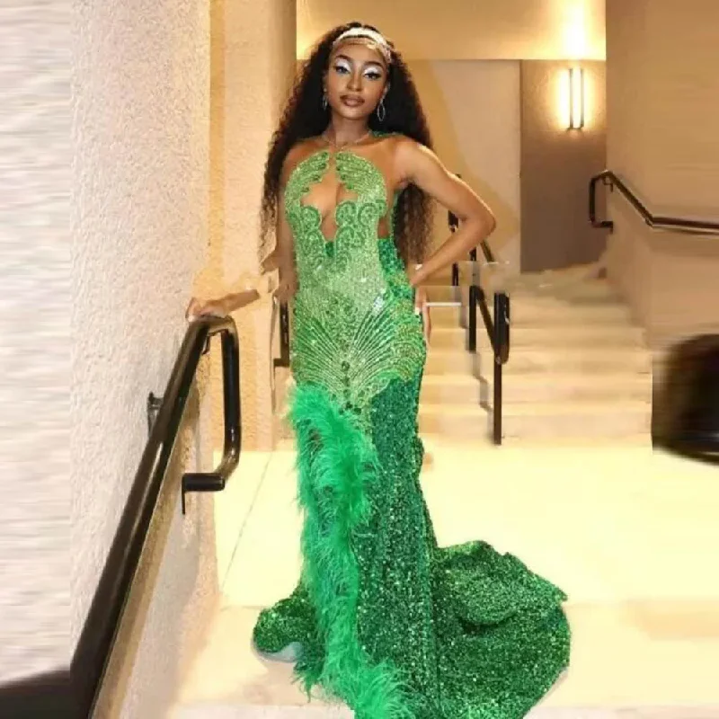 stylish dressGreen Sequined Mermaid Prom Dresses Illusion Neckline Appliques Plus Size Feathers Evening Dress For Black Girls Aso Ebi Gowns