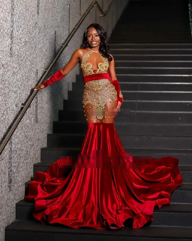 v-neck dressLuxury Red Beaded Mermaid Prom Dresses For Black Girls Crystal Formal Wedding Party Gowns Belt Elegant Evening robes de soirée