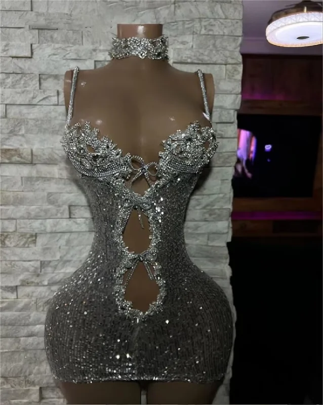 pleated dressLuxury Silver Crystals Spaghetti Short Prom Dress African Glitter Sequin Mermaid Mini Cocktail Party Gown See Thru robe de bal