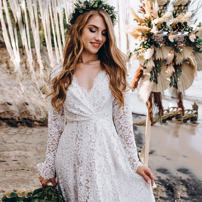 Markdown Madness minimalistic dressWhite Deep V-neck Long Sleeve Lace See-through Tight Trailing Long Dress