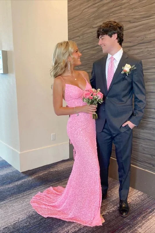 Steals and Deals comfy dressElegant Mermaid Sequin Pink Long Prom Dresses Formal Dress
