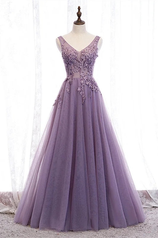 Clearance Event shift dressElegant Lilac V-Neck Appiques Long Prom Dress