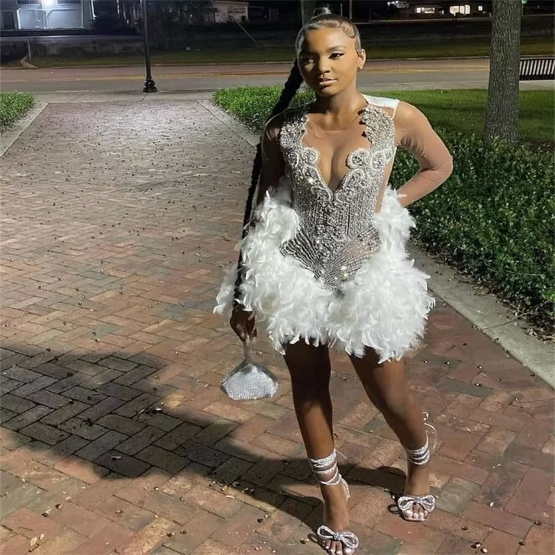 casual day dressLuxury Short Feather Prom Dress For Black Girls White Aso Ebie Cocktail Party Dress 2024 Crystal Beaded African Birthday Evening