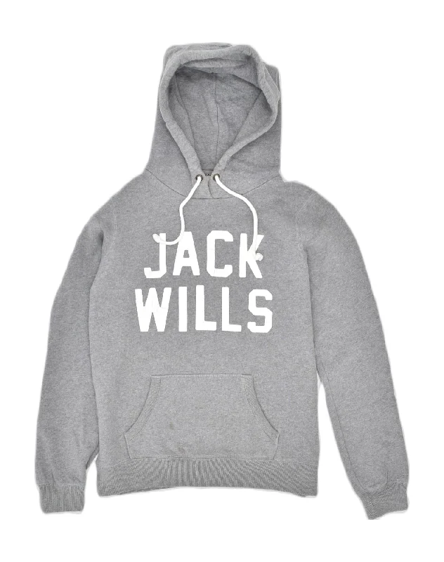 Closeout Sale retro hoodieJACK WILLS Womens Graphic Hoodie Jumper UK 14 Large Grey Cotton