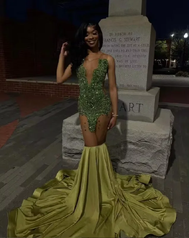 chic dressGreen Luxury Evening Ceremony Formal Dresses for Black Girl Long Sparkly Diamond Crystal Prom Birthday Gala Dress 2024