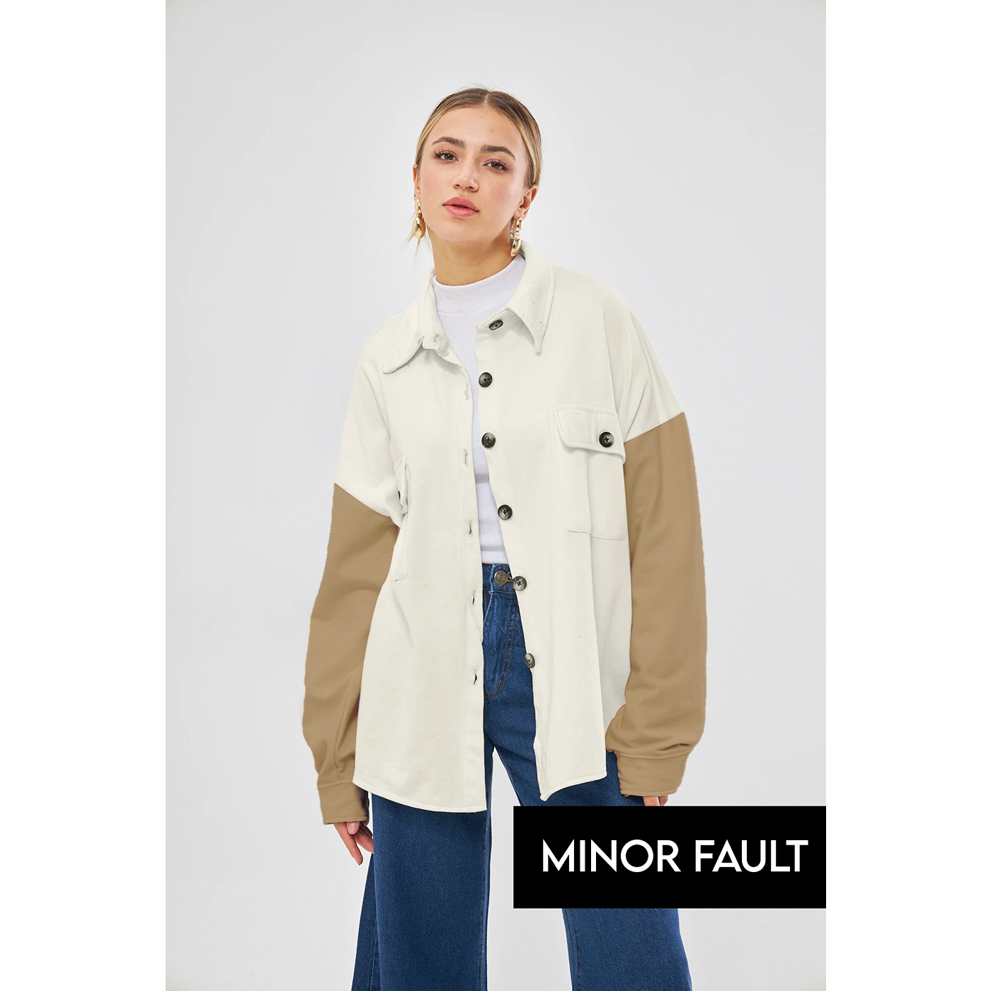 Major Savings stylish athletic hoodie(Minor Fault) Off-White Contrast Sleeves Oversized Shacket