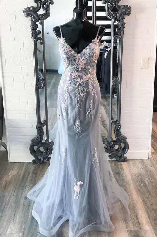 chic wrap dressElegant Mermaid Grey Prom Dress with Embroidery