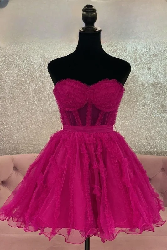 off-shoulder dressFuchsia Strapless Tulle Ruffles A-line Homecoming Dress