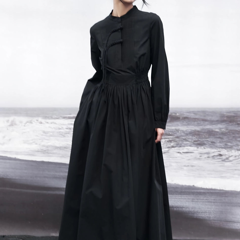 draped dressElegant Autumn Black A-Line Shirt Dress for Women