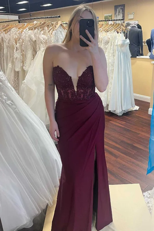 casual midi dressStrapless Burgundy Lace Mermaid Long Formal Dress with Slit