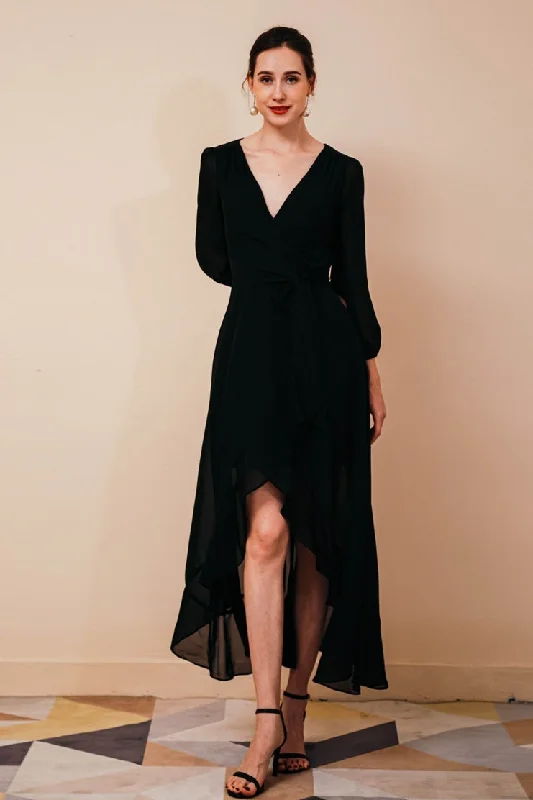 elegant maxi dressHigh Low Black Chiffon Long Sleeves Party Dress