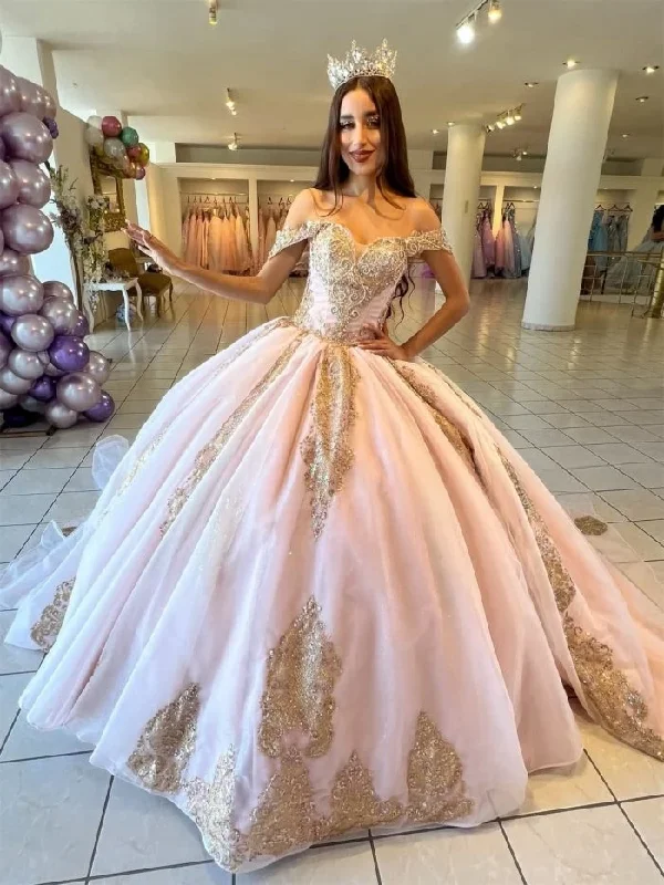 pleated dressChampagne Princess Quinceanera Dresses Ball Gown Off The Shoulder Tulle Appliques Sweet 16 Dresses 15 Años Mexican